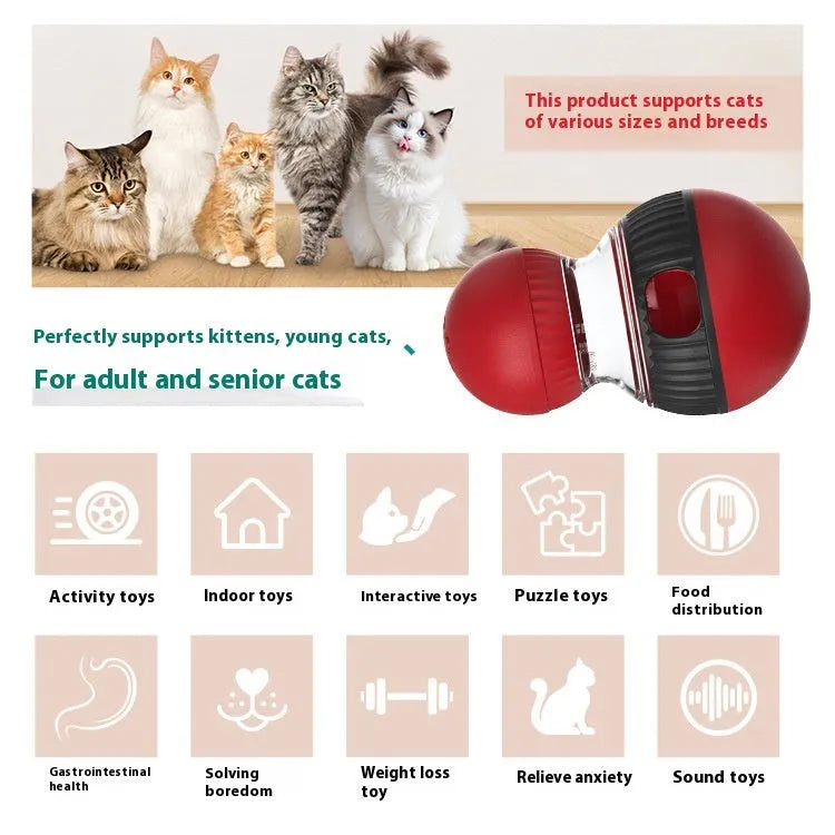 Plastic rotating cat toy with a Super Ball coloured food-dropping component on a white background.