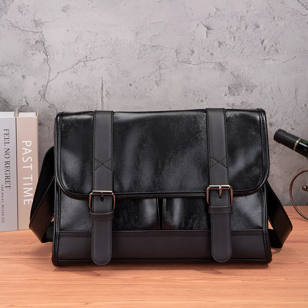 Black Korean style men's anti-theft commuter backpack made from PU material