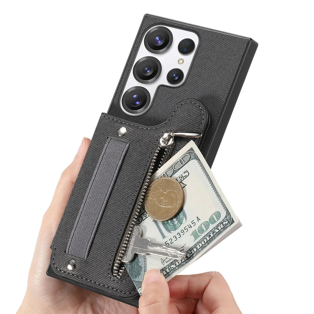 Multifunctional blue leather wristband wallet card holder phone case with kickstand for Samsung
