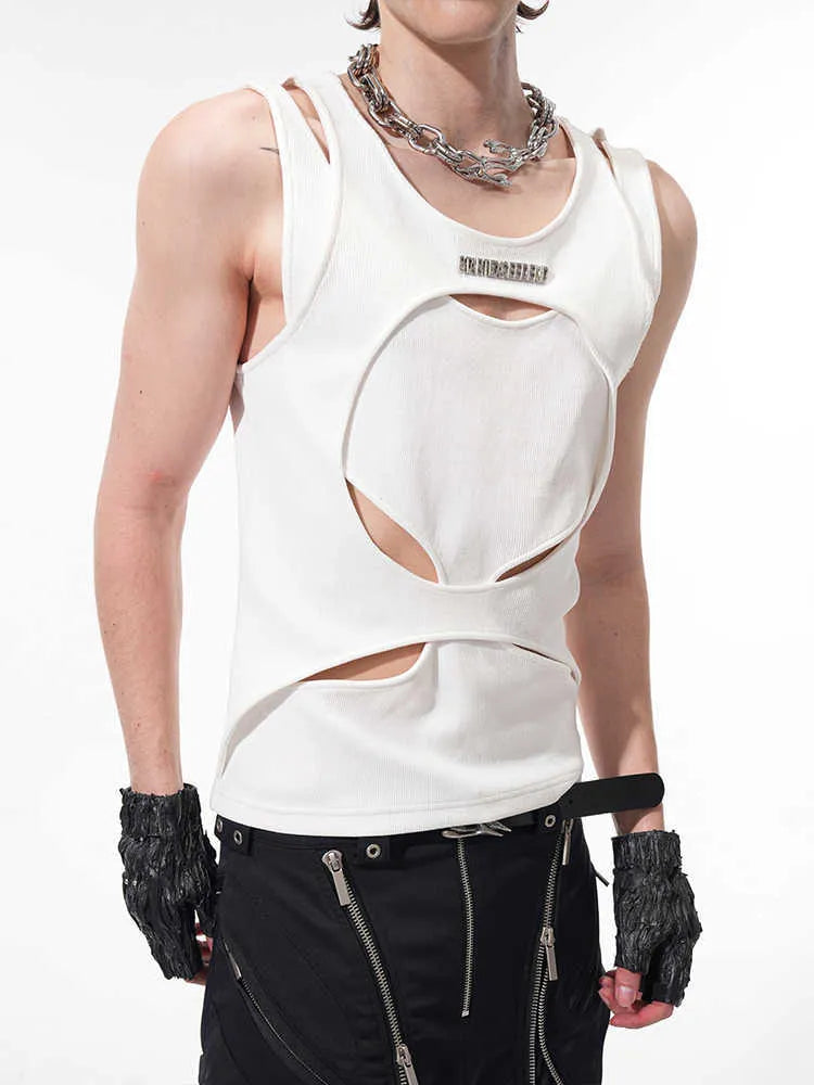 Man wearing a loose-fitting black sleeveless vest with a round neck, showcasing the hollow-knit fabric texture.