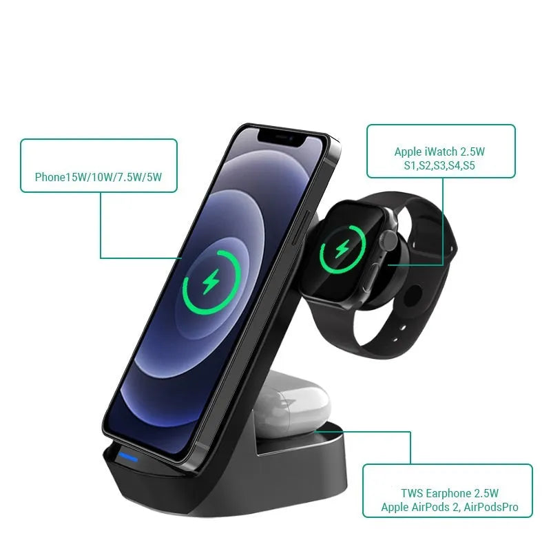 Black grey foldable wireless charging stand holding a mobile phone vertically, with slots for a smartwatch and earbuds case.