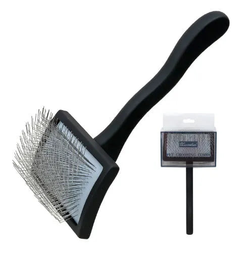 Solid wood pet grooming comb with rubber effect paint handle showing various needle density options and colour choices
