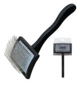 Solid wood pet grooming comb with rubber effect paint handle showing various needle density options and colour choices