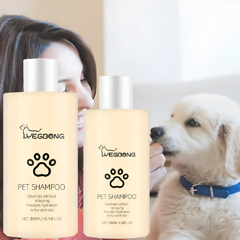 Bottle of mild pet shampoo for cats and dogs to soften fur and reduce knots.