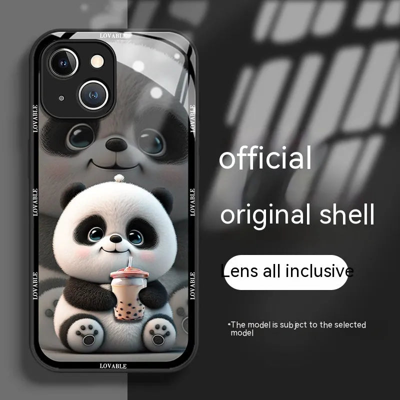 Glass liquid silicone phone case with panda design for iPhone, black and white colour options