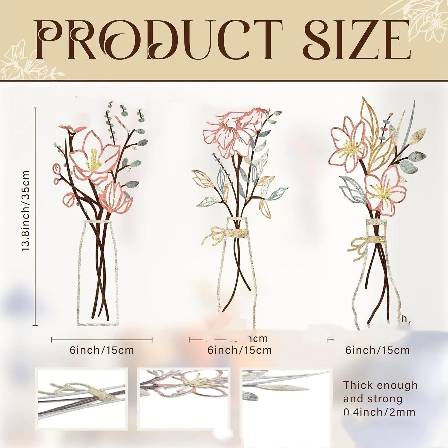 Three-piece metal flowers wall art set with colour vase designs for farmhouse country decor