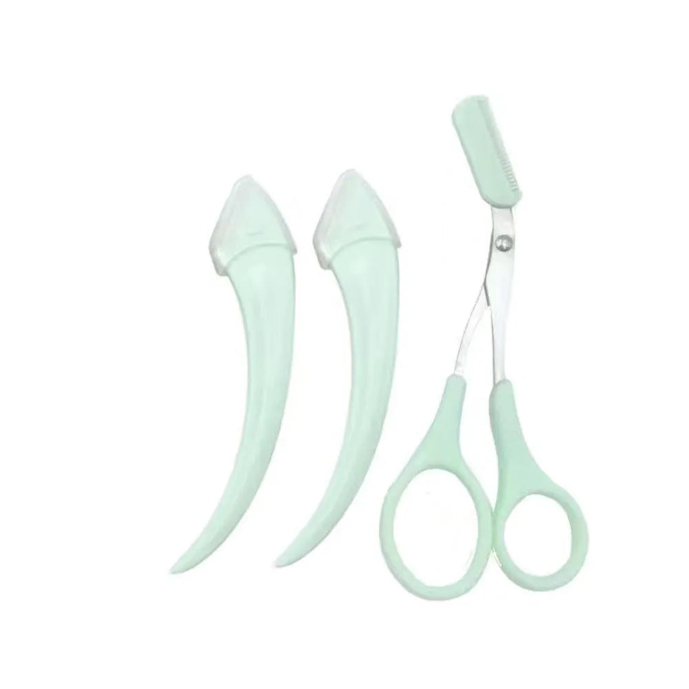 Curved moon eyebrow trimming knife with comb in white, pink, or green colours