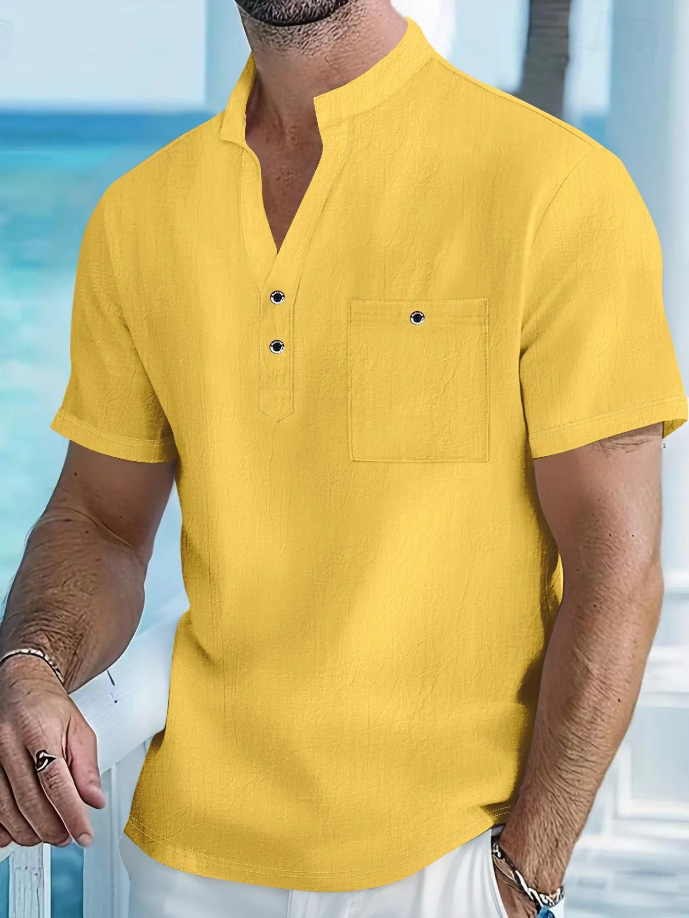 Men's apricot-coloured linen blend T-shirt with a stand collar and short sleeves on a hanger.