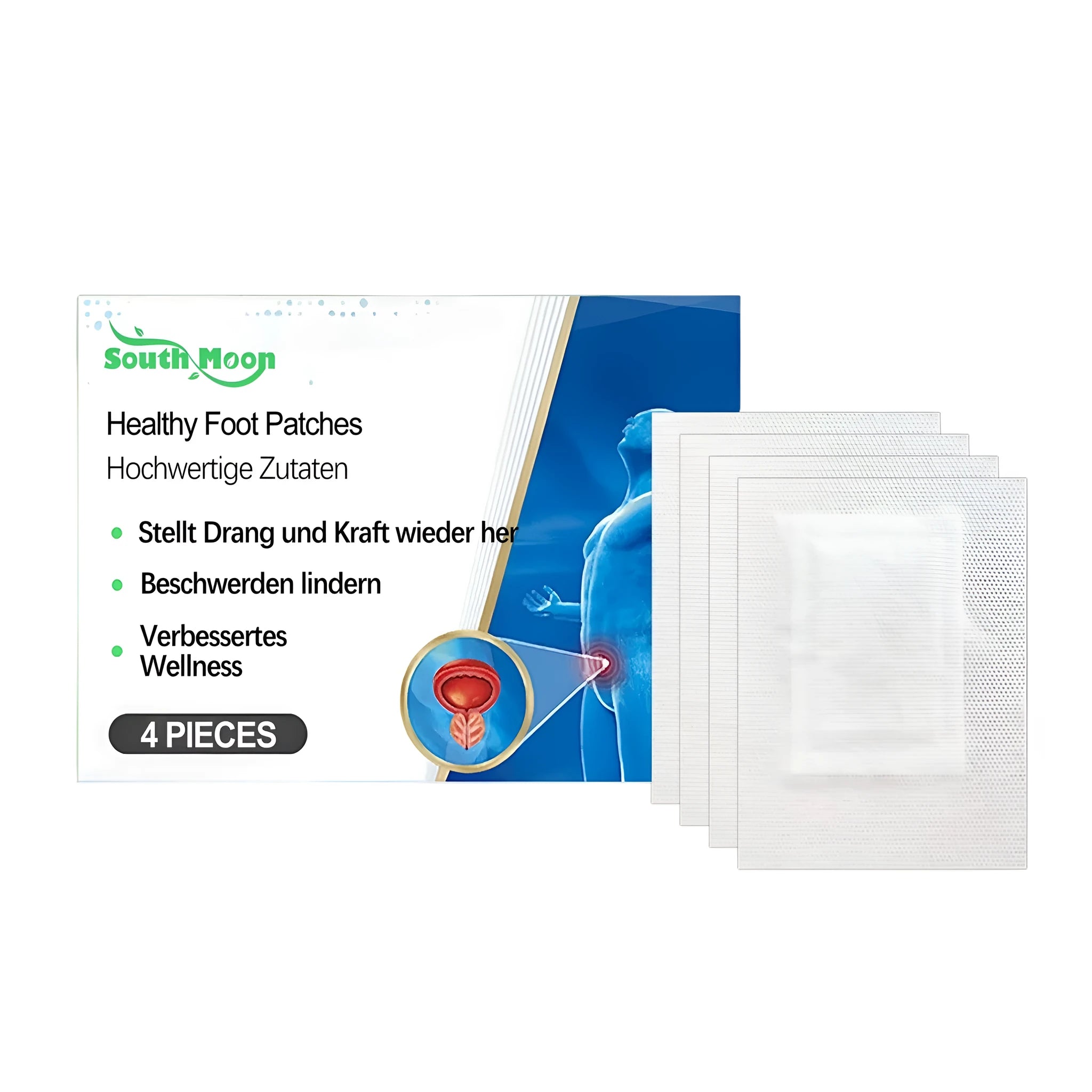 Pack of four herbal foot patches with ginger and mugwort root ingredients on clean skin.