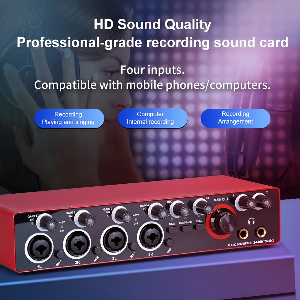 MD44 driver-free external sound card with Cannon and 6.5 interfaces, available in black or red, with connection cables