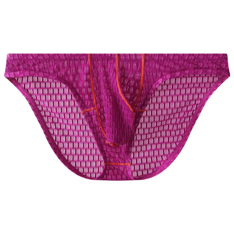 Men's low waist ice silk lace briefs in solid colours including rose red and light purple on a size chart.