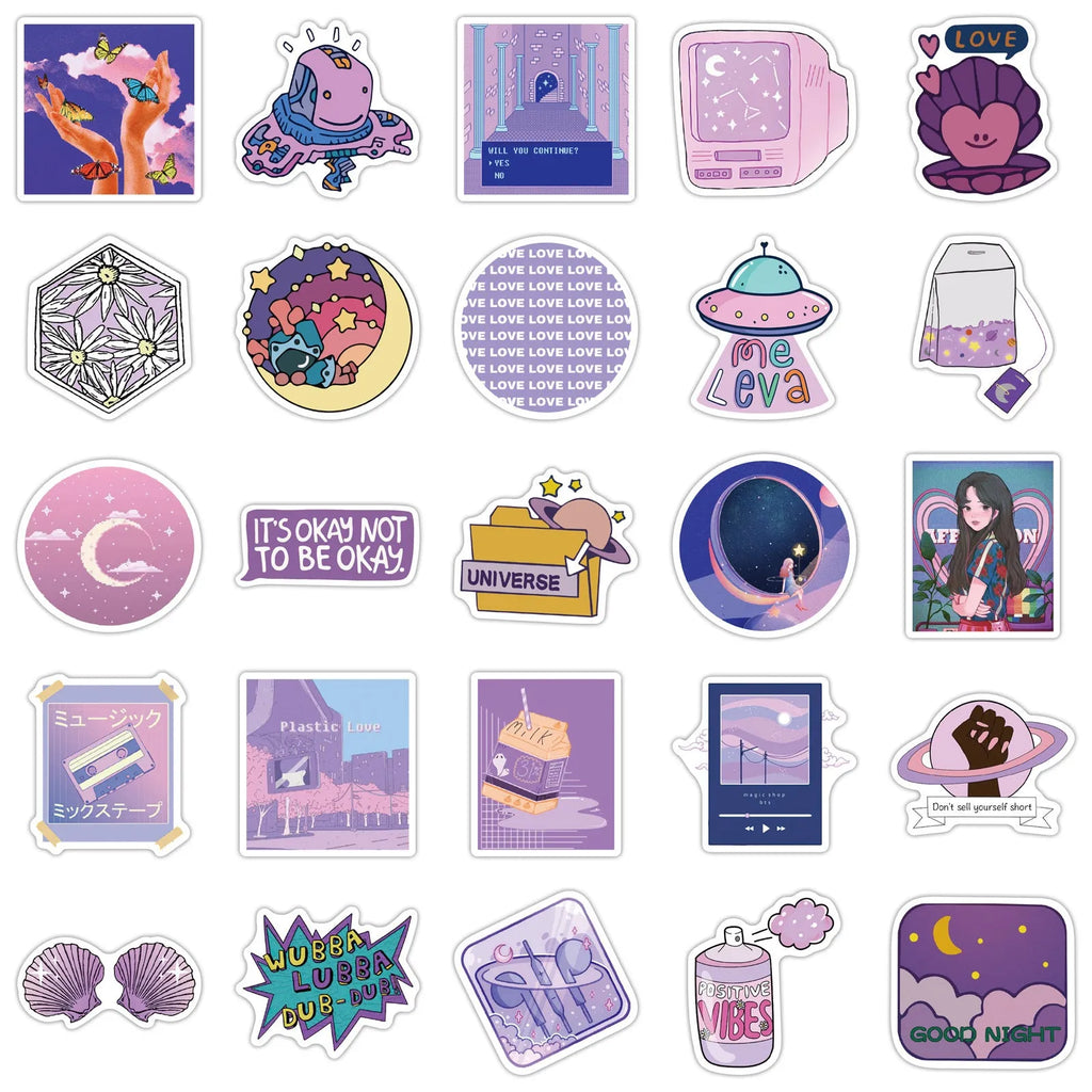 Purple graffiti cartoon skin self-adhesive stickers for luggage, 50 pack, each sticker 4-6cm