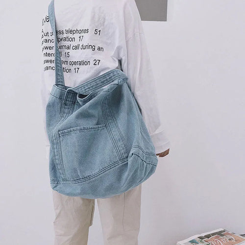 Canvas denim shipping bag large capacity tote bag women's shoulder bag with polyester lining Dark Blue