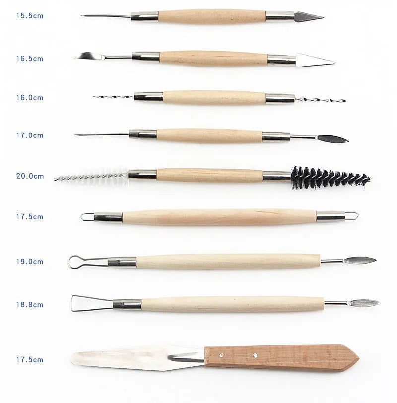 Brown pottery clay tool set with 27 stainless steel, wood and plastic sculpting tools in storage bag