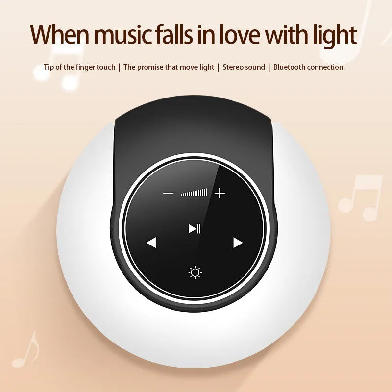 Blue Bluetooth desk lamp speaker with touch controls showing white, yellow and blue light options