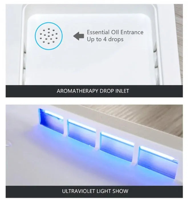 Blue UV phone steriliser unit with lid open, showing purple disinfection light and space for a mobile phone.