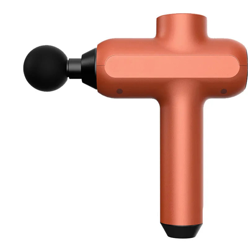 Black handheld electric muscle massager with multiple attachment heads on a white background