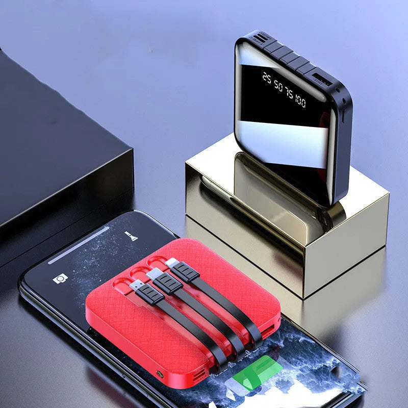 Square black power bank with attached USB cable showing dimensions of 80mm by 80mm