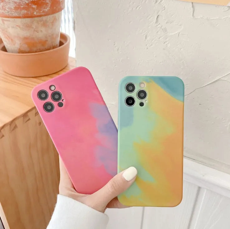 Soft silicone iPhone case with an oil painting gradient and abstract geometric pattern in purple.