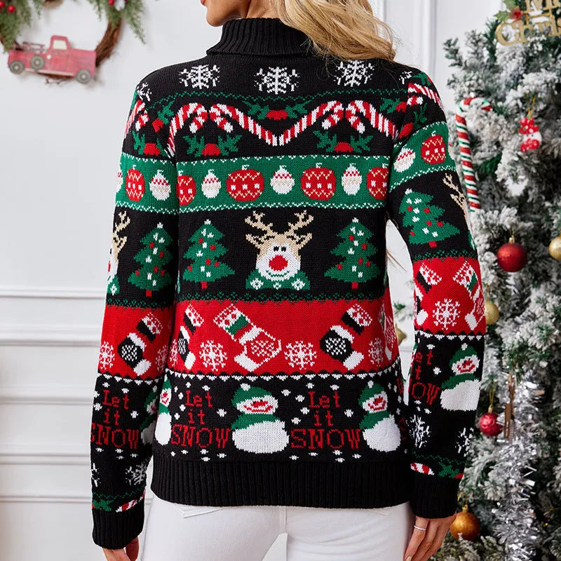 Women's long-sleeved turtleneck sweater in black Christmas animal pattern, slim fit acrylic pullover, sizes S-XXL