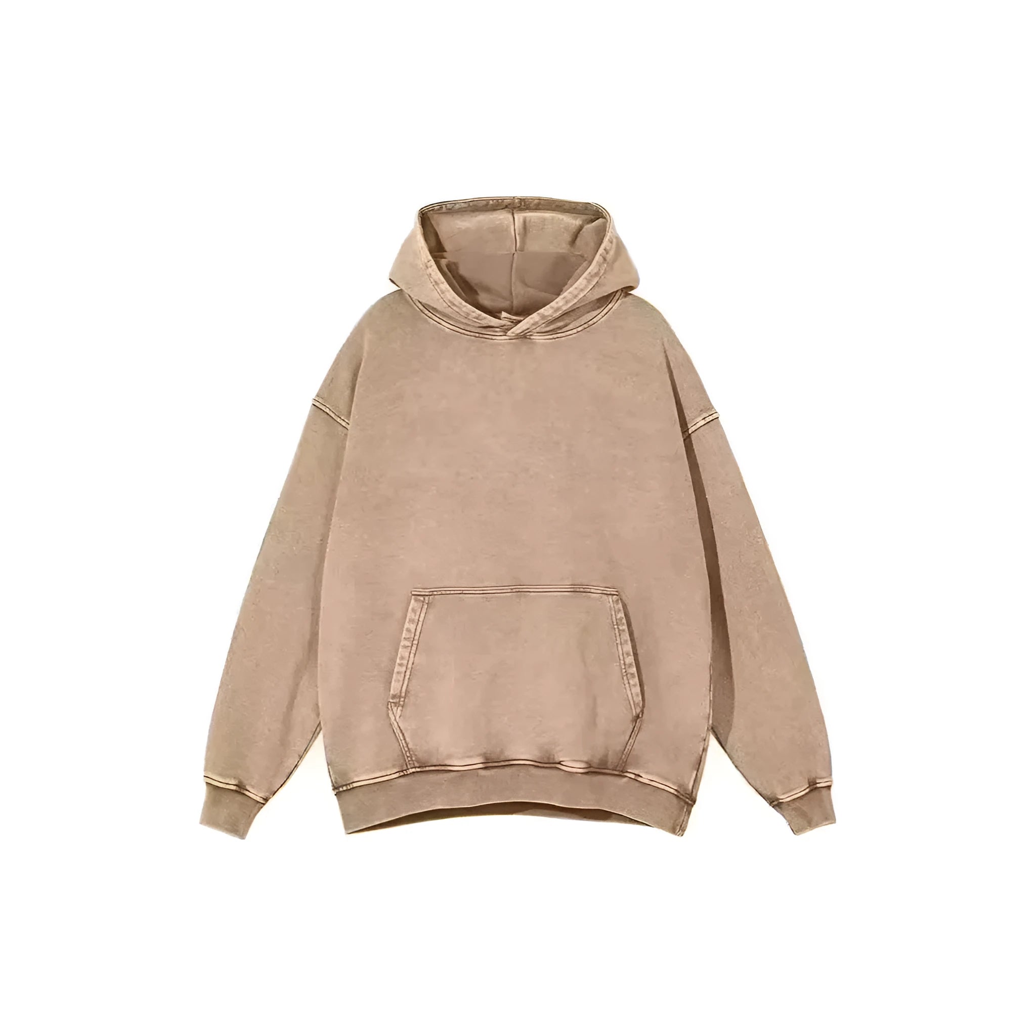 Men's loose-fitting collarless batik sweater in washed cotton, shown in a hooded colour with drop-shoulder sleeves.