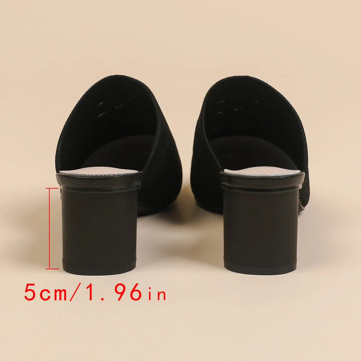 Women's black pointed toe sandals with decorative toe cap and 5cm chunky heel on a white background.