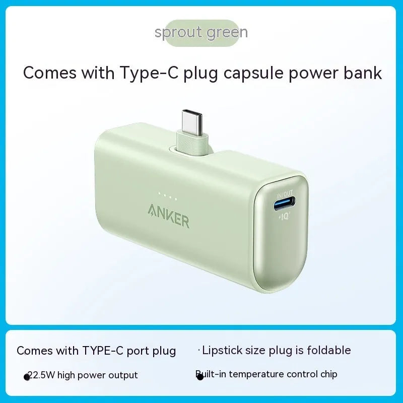Capsule-shaped 5000mAh power bank in multiple colours showing compact 77x36x25mm size with Type C port