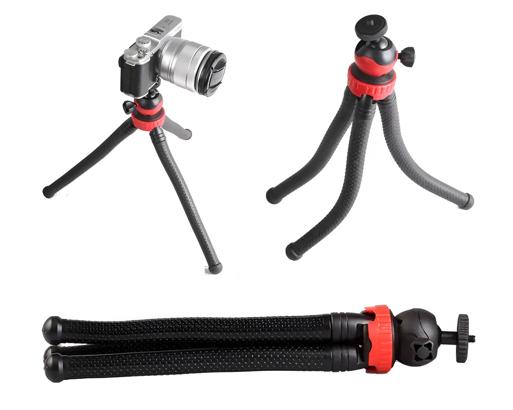 Black octopus tripod with flexible legs and spherical gimbal ball head for cameras and smartphones