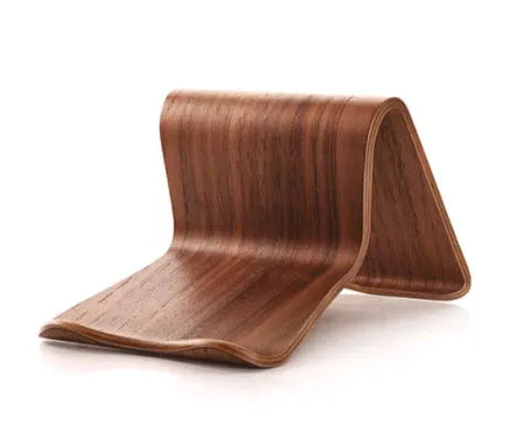 Bamboo wood lazy bracket for iPad and phone on desktop, walnut finish