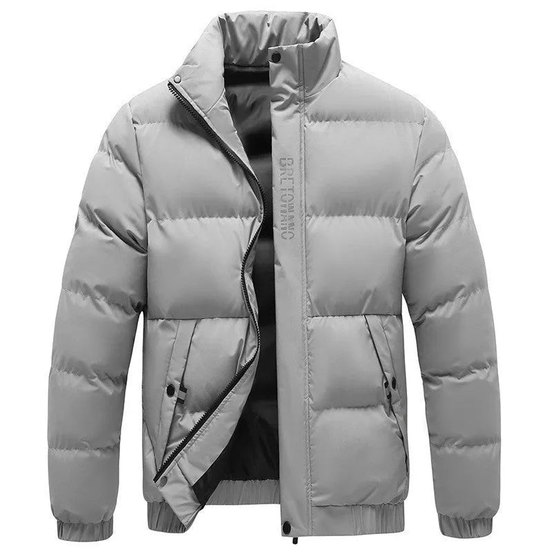 Winter men's warm padded down jacket, cotton filling, loose fit, solid colour, black, with side pockets