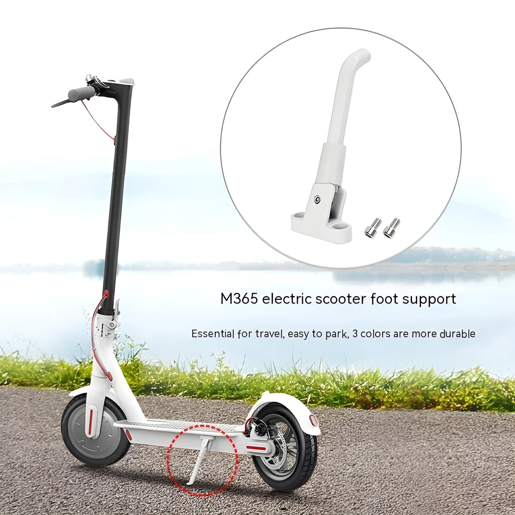 Aluminium alloy electric scooter foot brace accessory in black, white and grey colours with mounting screws