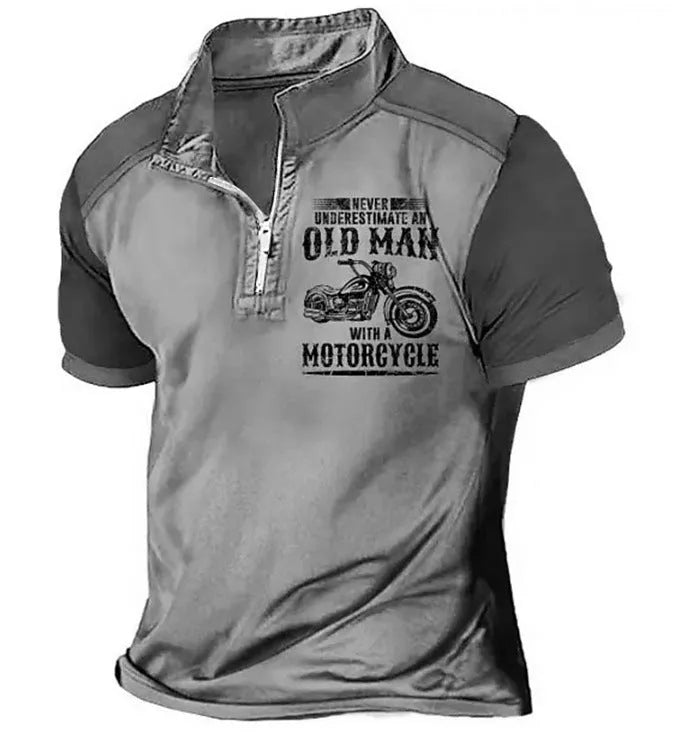 Men's casual short sleeve polo shirt with lapel, digital letter printing, and zipper decoration details.