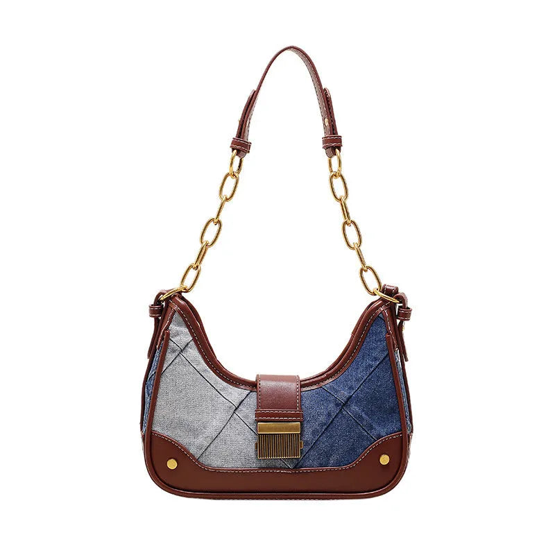 Brown denim women's shoulder bag with diamond chain detail and bucket shape