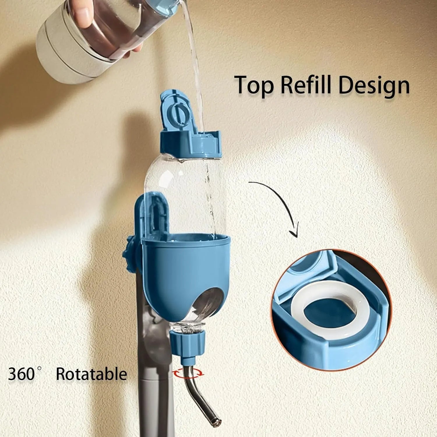 Blue small animal water bottle with rotatable nozzle shown mounted on a cage bar