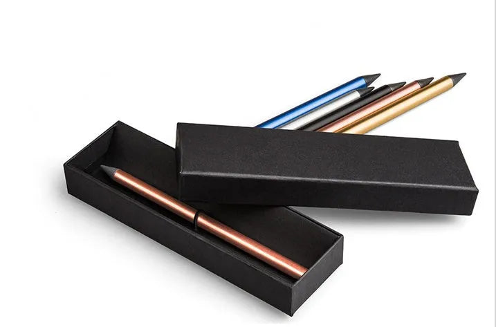 Inkless Metal Pen in silver, gold, rose gold, black, and blue finishes with spare nib and pen bag