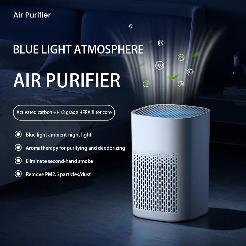 Compact desktop air purifier with USB cable connection and simple modern design