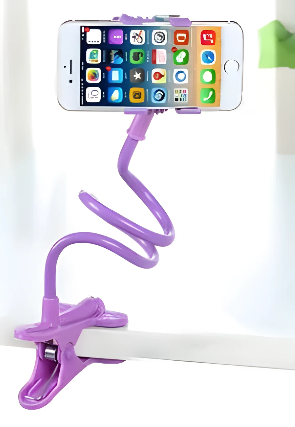 Universal adjustable plastic phone holder 720mm black on desk with smartphone screen visible