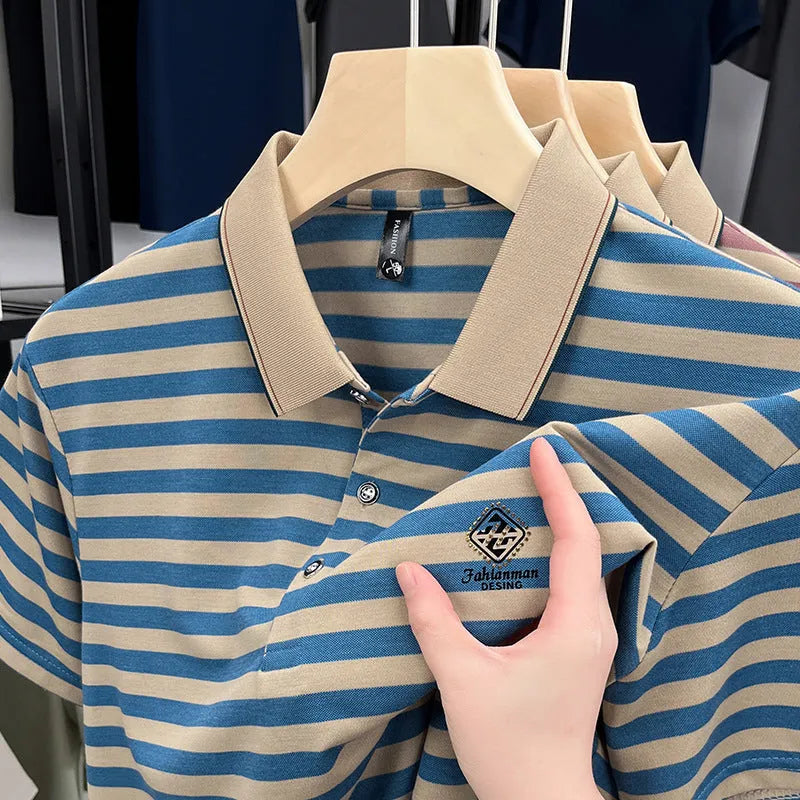 Man wearing a red mosaic stripe short sleeve casual polyester shirt.
