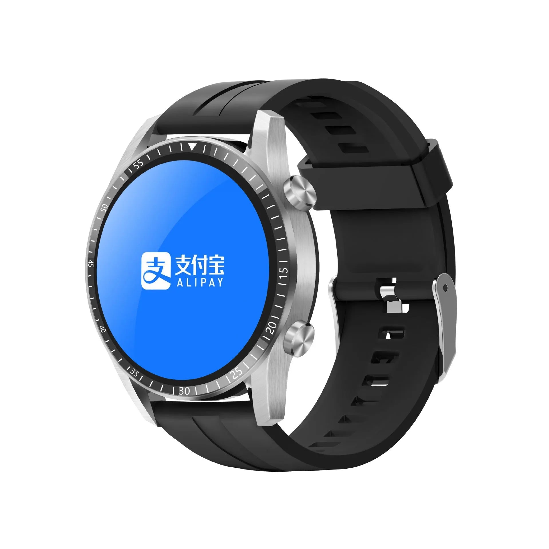 Round smartwatch with aluminium alloy case on wrist, showing touch screen displaying time and heart rate.