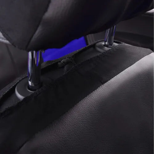 Set of black artificial leather car seat covers for front and back seats, shown with installation hooks.