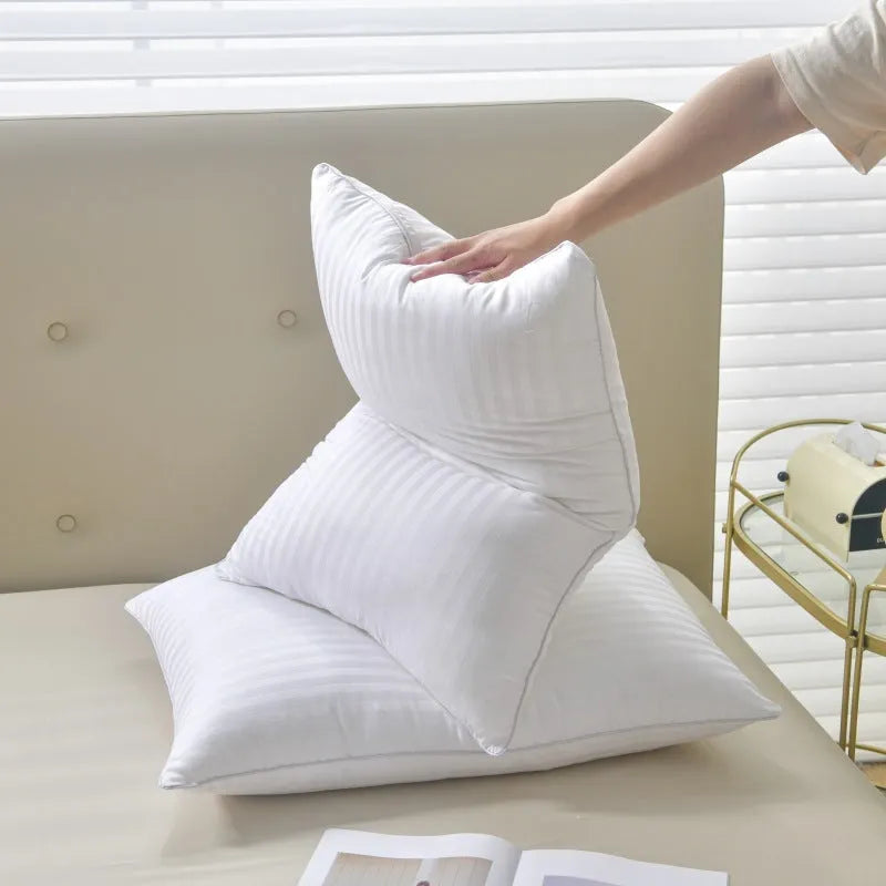 White cotton satin stripe pillow with feather cotton core showing size and loft options