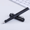 Disposable plastic ink sac pen with steel nib shown in red, yellow, green, blue, and black colours with ink sacs.
