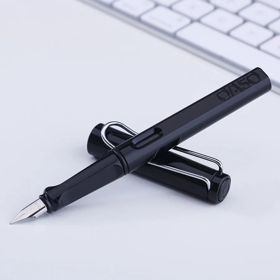 Disposable plastic ink sac pen with steel nib shown in red, yellow, green, blue, and black colours with ink sacs.