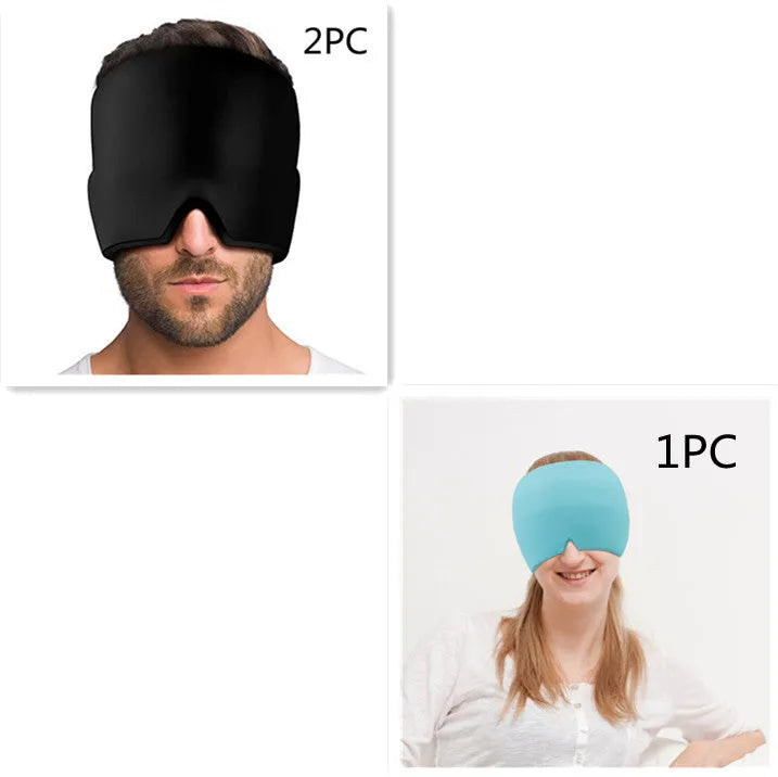 Black elastic cloth cooling gel eye mask for headache relief showing adjustable fit