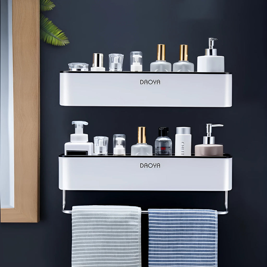 Plastic bathroom wall shelf with hole-free installation for shampoo and shower gel storage in black or grey