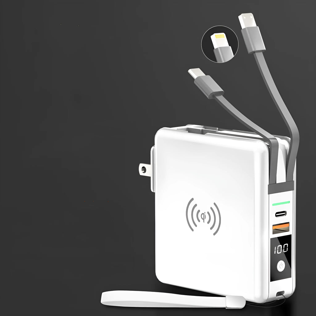 Black Super QI 10000mAh power bank with wireless charging top and foldable UK plug adapter attached.