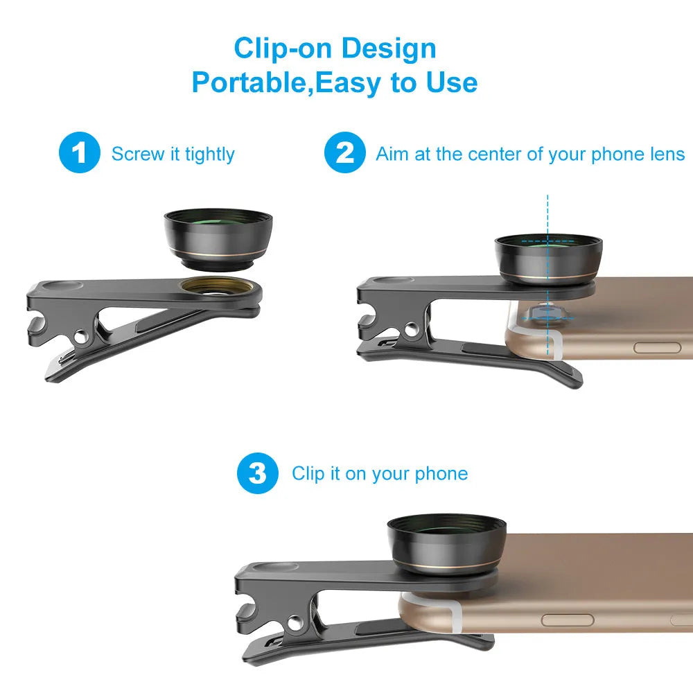 Black 6-in-1 universal smartphone camera lens kit with fisheye, wide-angle, macro, telephoto, CPL, and star filter lenses on a table.