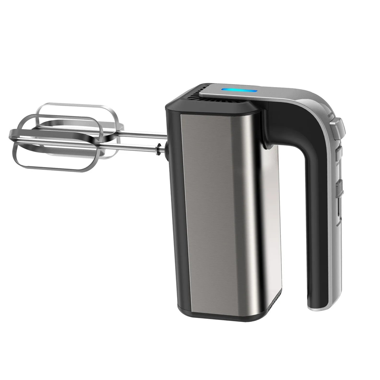 Silver handheld electric food whisk with stainless steel beaters and 5-speed control dial.