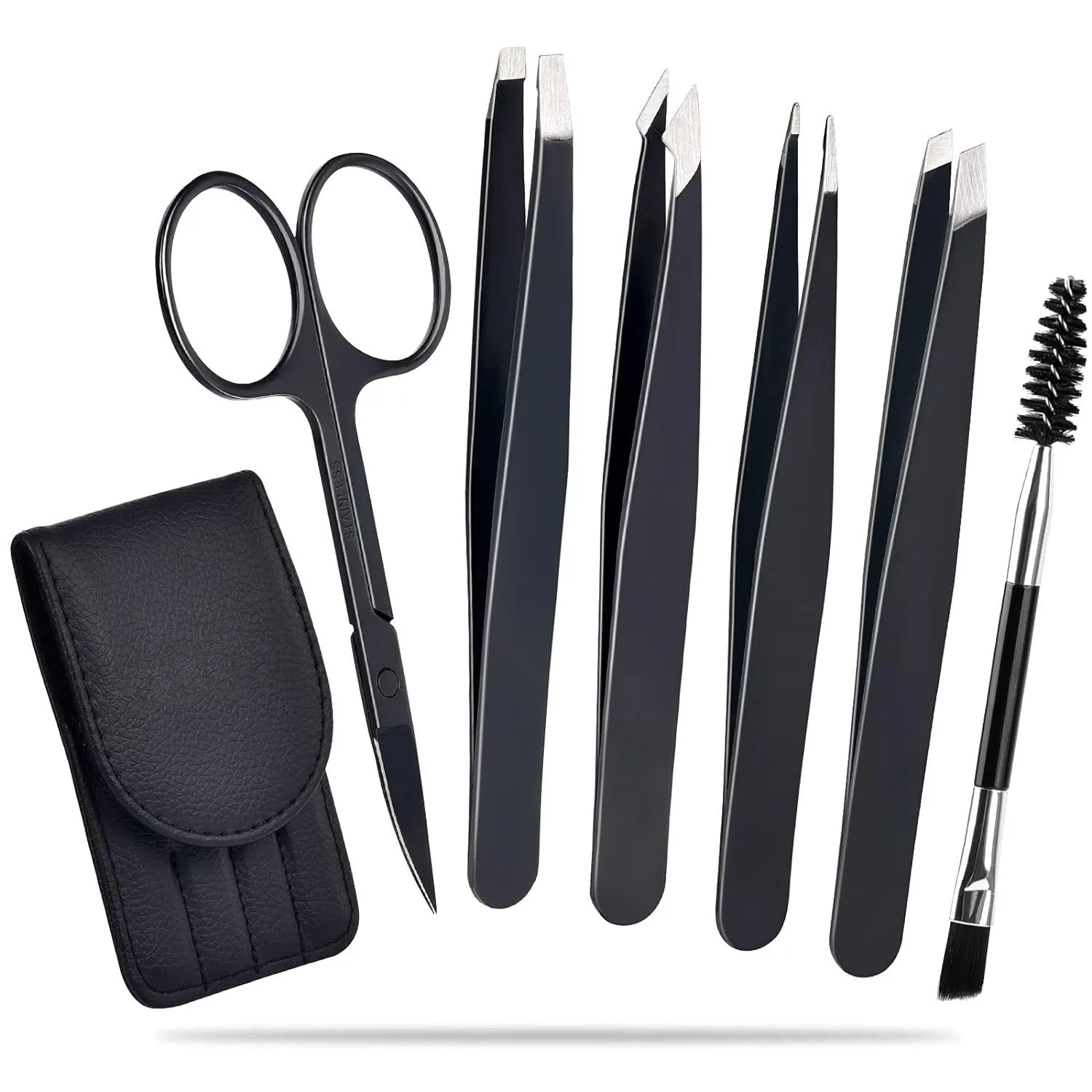 Professional eyebrow tweezers set with four stainless steel tweezers, curved scissors, brush, and leather case.