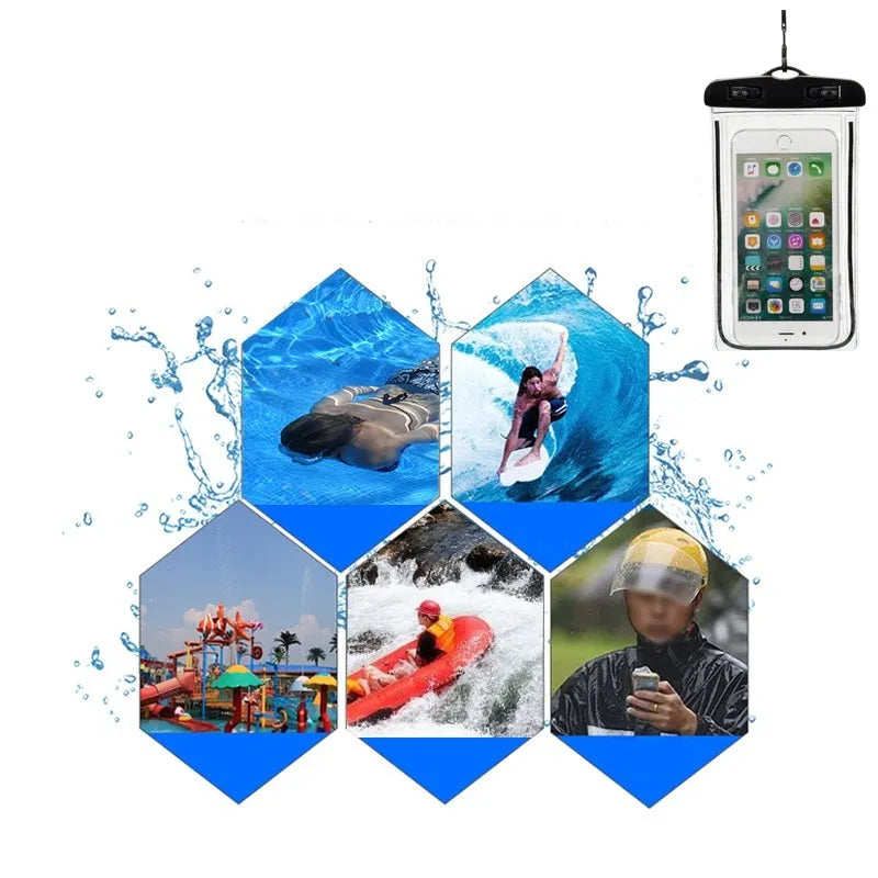 Waterproof universal phone case in multiple colours showing touch screen compatibility for outdoor water sports